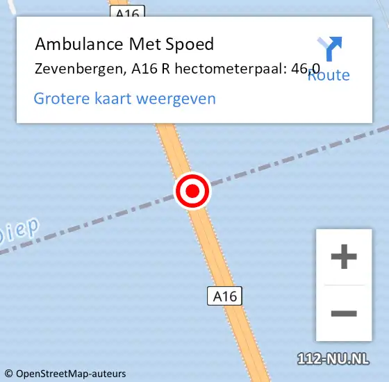 Locatie op kaart van de 112 melding: Ambulance Met Spoed Naar Zevenbergen, A16 R hectometerpaal: 46,0 op 20 september 2017 13:25