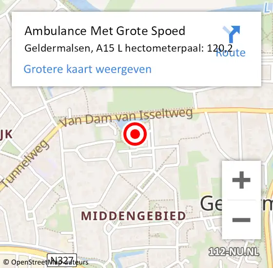 Locatie op kaart van de 112 melding: Ambulance Met Grote Spoed Naar Geldermalsen, A15 L hectometerpaal: 120,2 op 20 september 2017 14:52
