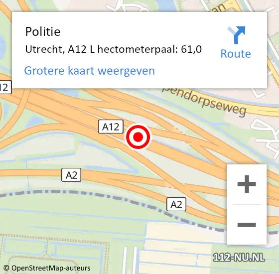 Locatie op kaart van de 112 melding: Politie Utrecht, A12 L hectometerpaal: 61,0 op 21 september 2017 16:21