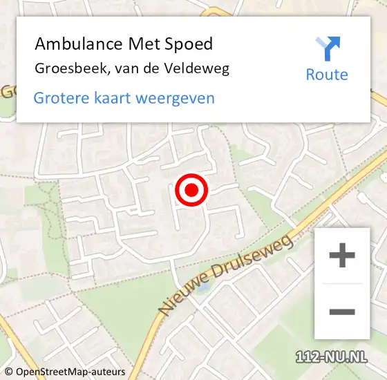 Locatie op kaart van de 112 melding: Ambulance Met Spoed Naar Groesbeek, van de Veldeweg op 21 september 2017 21:26
