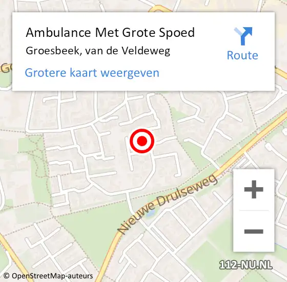 Locatie op kaart van de 112 melding: Ambulance Met Grote Spoed Naar Groesbeek, van de Veldeweg op 21 september 2017 21:28