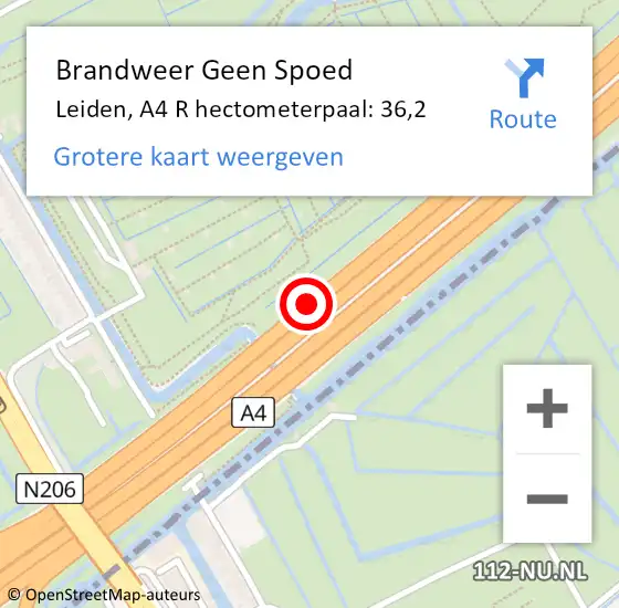 Locatie op kaart van de 112 melding: Brandweer Geen Spoed Naar Leiden, A4 R hectometerpaal: 36,2 op 26 september 2017 21:50