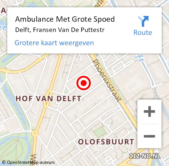 Locatie op kaart van de 112 melding: Ambulance Met Grote Spoed Naar Delft, Fransen Van De Puttestr op 26 september 2017 22:05