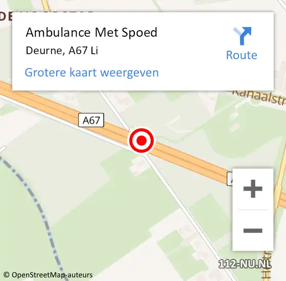 Locatie op kaart van de 112 melding: Ambulance Met Spoed Naar Deurne, A67 Li hectometerpaal: 53,0 op 27 september 2017 08:19