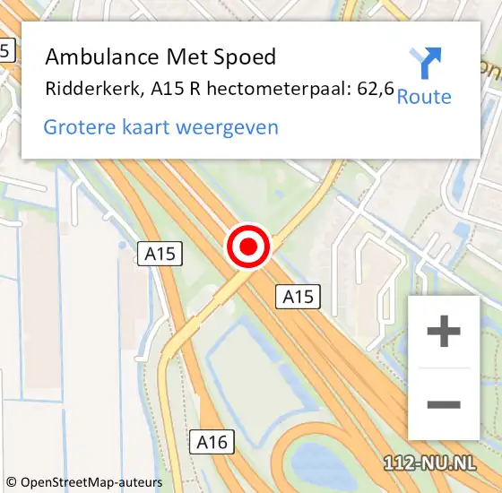 Locatie op kaart van de 112 melding: Ambulance Met Spoed Naar Ridderkerk, A15 R hectometerpaal: 62,6 op 28 september 2017 08:27
