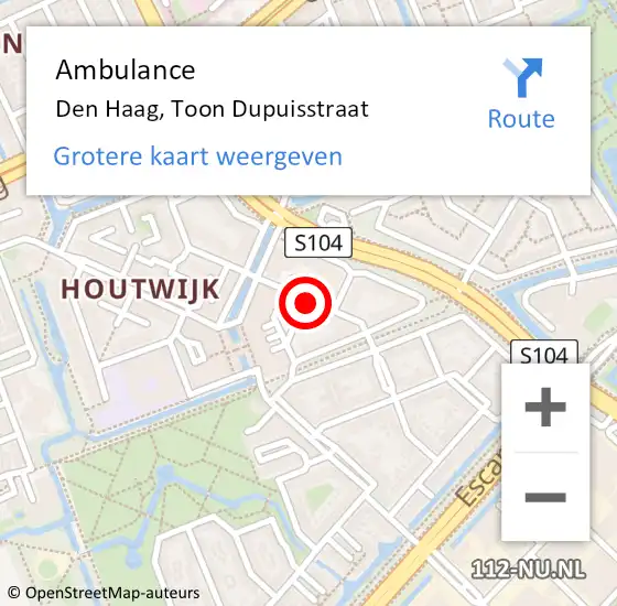 Locatie op kaart van de 112 melding: Ambulance Den Haag, Toon Dupuisstraat op 29 september 2017 19:12