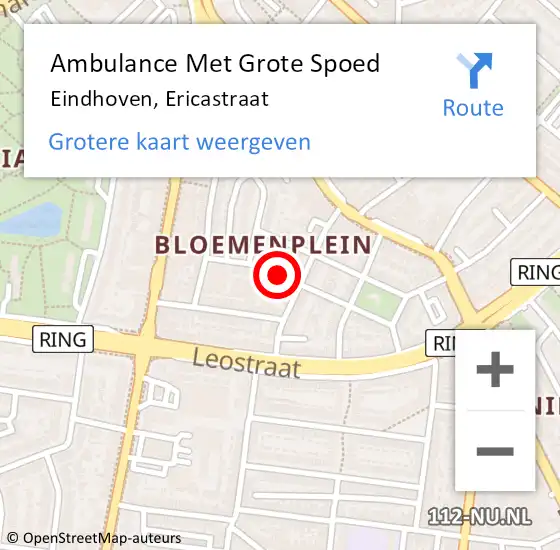 Locatie op kaart van de 112 melding: Ambulance Met Grote Spoed Naar Eindhoven, Ericastraat op 30 september 2017 08:54