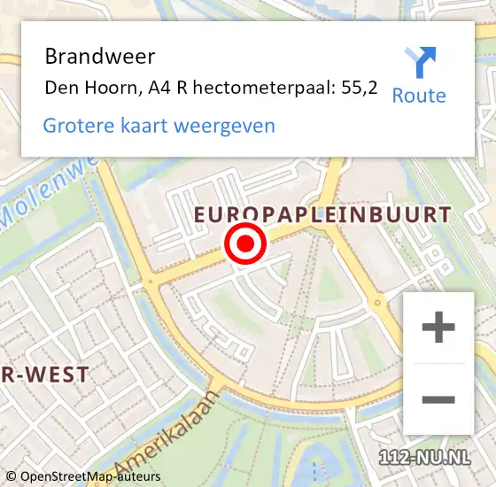 Locatie op kaart van de 112 melding: Brandweer Den Hoorn, A4 R hectometerpaal: 55,2 op 2 oktober 2017 18:11
