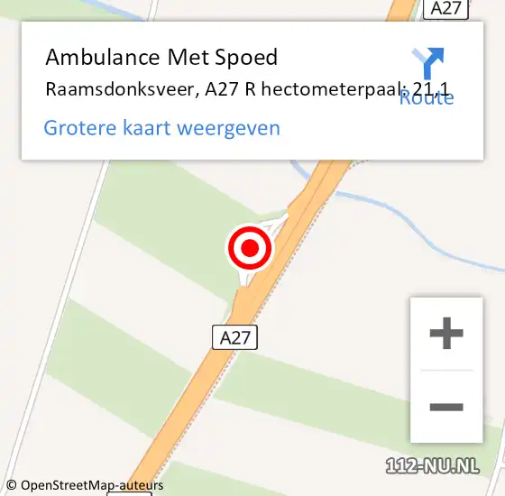 Locatie op kaart van de 112 melding: Ambulance Met Spoed Naar Raamsdonksveer, A27 R hectometerpaal: 21,1 op 5 oktober 2017 06:03