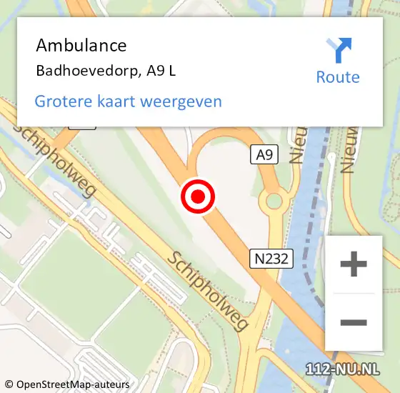 Locatie op kaart van de 112 melding: Ambulance Badhoevedorp, A9 L op 5 oktober 2017 09:56