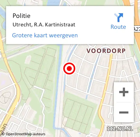 Locatie op kaart van de 112 melding: Politie Utrecht, R.A. Kartinistraat op 5 oktober 2017 11:09