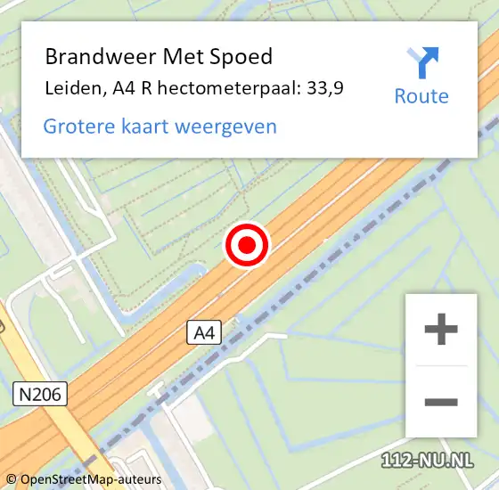 Locatie op kaart van de 112 melding: Brandweer Met Spoed Naar Leiden, A4 R hectometerpaal: 33,3 op 6 oktober 2017 08:33