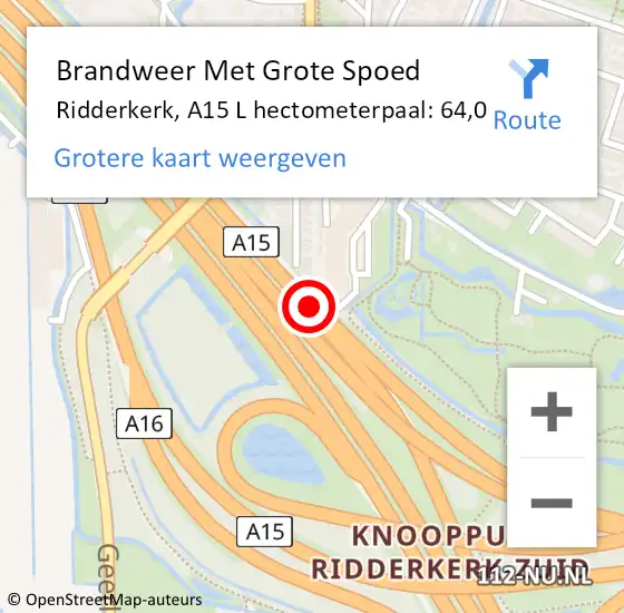 Locatie op kaart van de 112 melding: Brandweer Met Grote Spoed Naar Ridderkerk, A15 L hectometerpaal: 64,0 op 6 oktober 2017 11:52