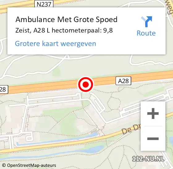 Locatie op kaart van de 112 melding: Ambulance Met Grote Spoed Naar Zeist, A28 L hectometerpaal: 7,2 op 9 oktober 2017 15:54