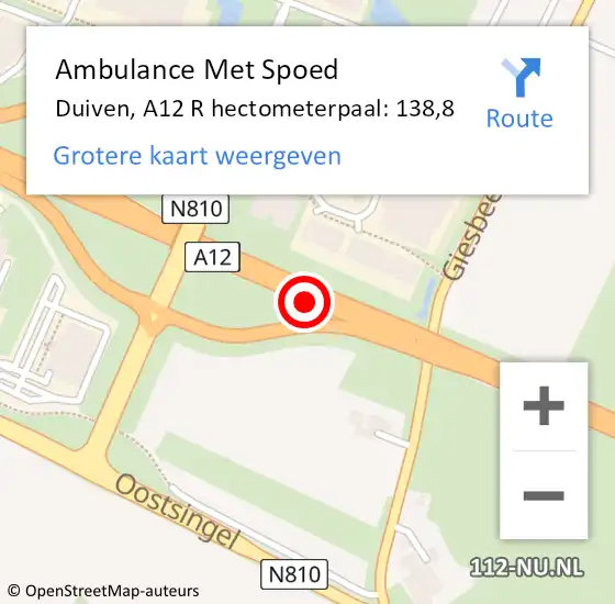 Locatie op kaart van de 112 melding: Ambulance Met Spoed Naar Duiven, A12 R hectometerpaal: 139,9 op 10 oktober 2017 20:44