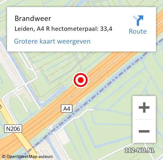 Locatie op kaart van de 112 melding: Brandweer Leiden, A4 L hectometerpaal: 33,3 op 11 oktober 2017 05:41