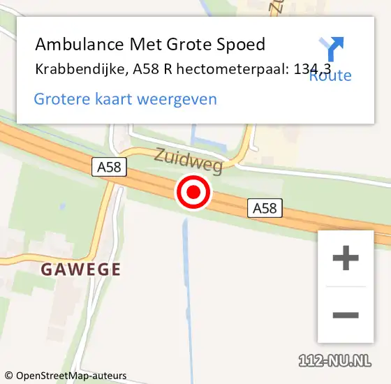 Locatie op kaart van de 112 melding: Ambulance Met Grote Spoed Naar Krabbendijke, A58 R hectometerpaal: 134,4 op 11 oktober 2017 10:52