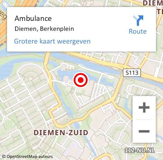 Locatie op kaart van de 112 melding: Ambulance Diemen, Berkenplein op 11 oktober 2017 13:57
