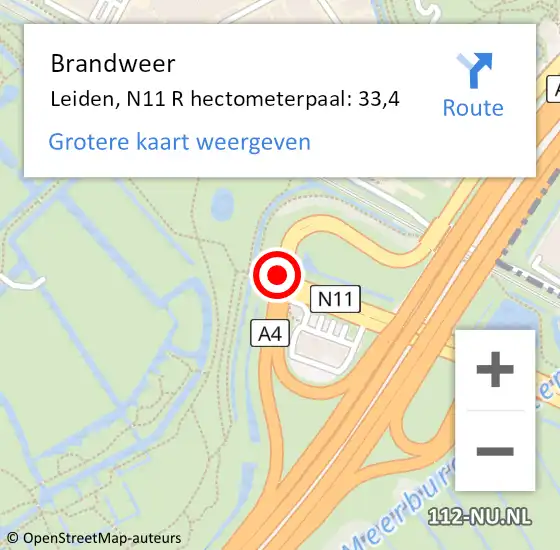 Locatie op kaart van de 112 melding: Brandweer Leiden, N11 R hectometerpaal: 1,0 op 11 oktober 2017 19:28