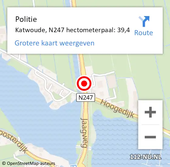 Locatie op kaart van de 112 melding: Politie Katwoude, N247 hectometerpaal: 39,4 op 12 oktober 2017 13:12