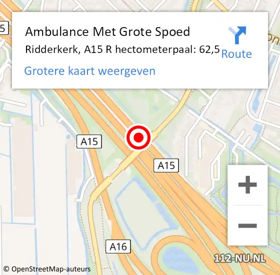 Locatie op kaart van de 112 melding: Ambulance Met Grote Spoed Naar Ridderkerk, A15 R hectometerpaal: 62,6 op 13 oktober 2017 14:46