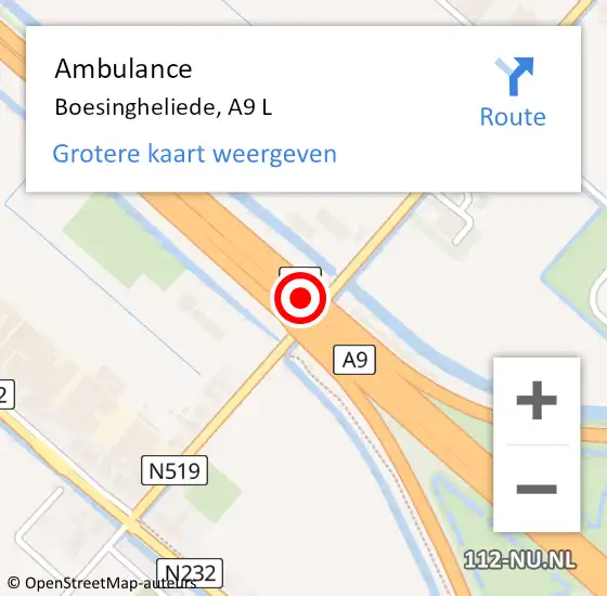 Locatie op kaart van de 112 melding: Ambulance Boesingheliede, A9 L op 13 oktober 2017 17:39
