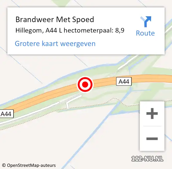 Locatie op kaart van de 112 melding: Brandweer Met Spoed Naar Hillegom, A44 L hectometerpaal: 8,9 op 14 oktober 2017 10:39