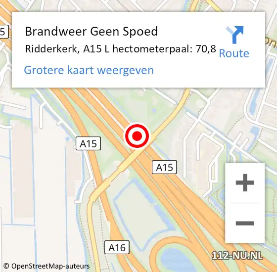Locatie op kaart van de 112 melding: Brandweer Geen Spoed Naar Ridderkerk, A15 L hectometerpaal: 70,8 op 14 oktober 2017 21:30