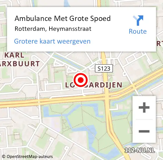 Locatie op kaart van de 112 melding: Ambulance Met Grote Spoed Naar Rotterdam, Heymansstraat op 14 oktober 2017 21:55