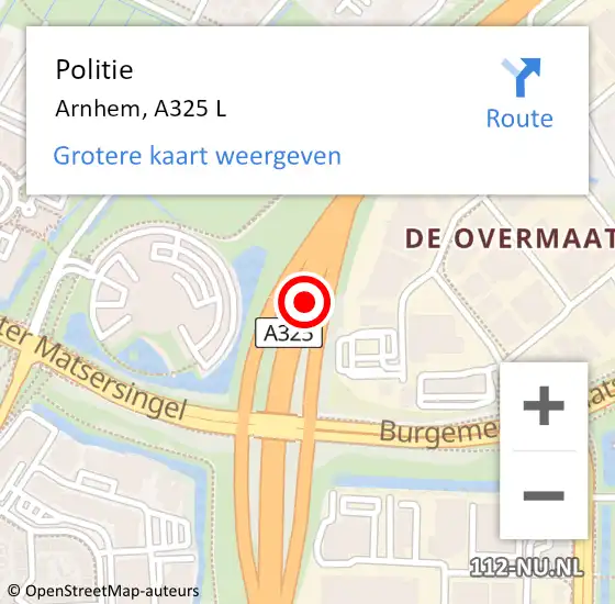 Locatie op kaart van de 112 melding: Politie Arnhem, A325 L op 15 oktober 2017 14:34