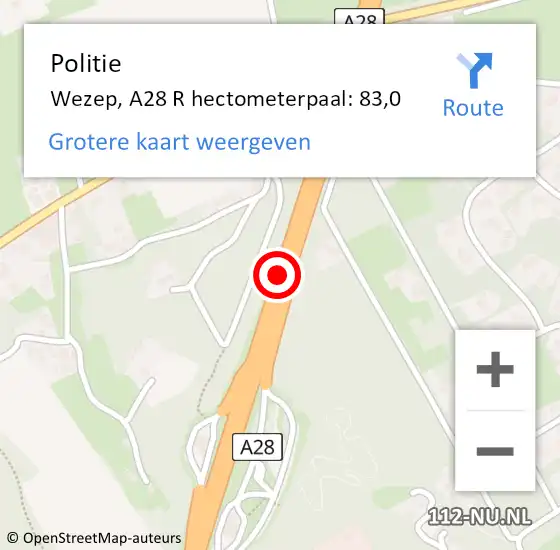 Locatie op kaart van de 112 melding: Politie Wezep, A28 R hectometerpaal: 83,0 op 17 oktober 2017 14:55