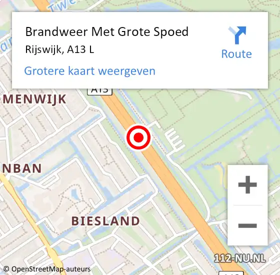 Locatie op kaart van de 112 melding: Brandweer Met Grote Spoed Naar Rijswijk, A13 L hectometerpaal: 6,0 op 18 oktober 2017 12:09