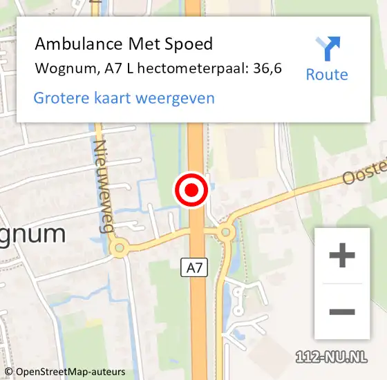 Locatie op kaart van de 112 melding: Ambulance Met Spoed Naar Wognum, A7 L hectometerpaal: 34,0 op 19 oktober 2017 08:08