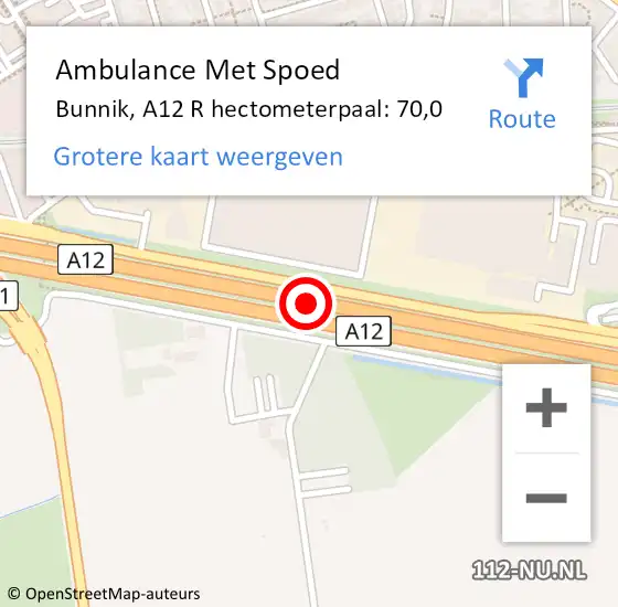 Locatie op kaart van de 112 melding: Ambulance Met Spoed Naar Bunnik, A12 R hectometerpaal: 70,0 op 19 oktober 2017 18:06