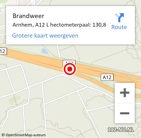 Locatie op kaart van de 112 melding: Brandweer Arnhem, A12 L hectometerpaal: 131,7 op 20 oktober 2017 09:59
