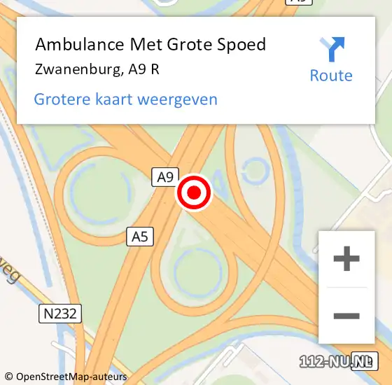 Locatie op kaart van de 112 melding: Ambulance Met Grote Spoed Naar Zwanenburg, A9 R op 20 oktober 2017 13:22