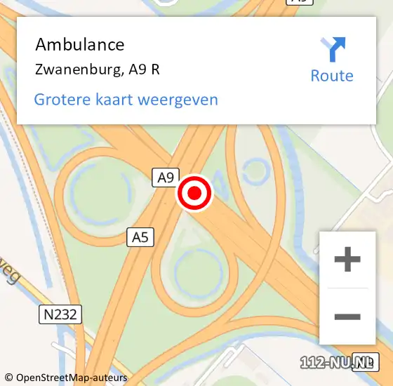 Locatie op kaart van de 112 melding: Ambulance Zwanenburg, A9 R op 20 oktober 2017 13:32