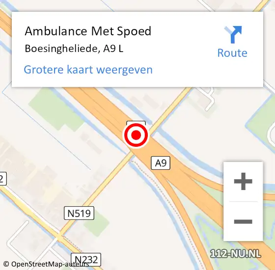 Locatie op kaart van de 112 melding: Ambulance Met Spoed Naar Boesingheliede, A9 L op 20 oktober 2017 20:44