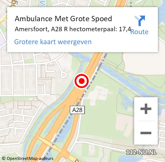 Locatie op kaart van de 112 melding: Ambulance Met Grote Spoed Naar Amersfoort, A28 R hectometerpaal: 17,4 op 21 oktober 2017 15:06