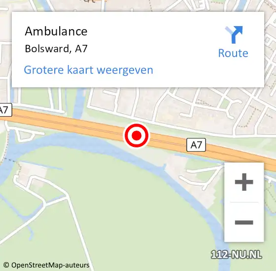 Locatie op kaart van de 112 melding: Ambulance Bolsward, A7 op 21 oktober 2017 15:34