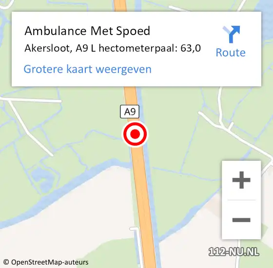 Locatie op kaart van de 112 melding: Ambulance Met Spoed Naar Akersloot, A9 R hectometerpaal: 63,4 op 22 oktober 2017 13:47