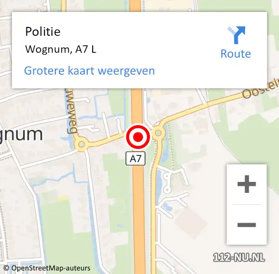 Locatie op kaart van de 112 melding: Politie Wognum, A7 L op 22 oktober 2017 16:53