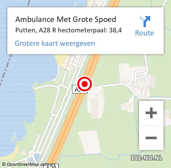 Locatie op kaart van de 112 melding: Ambulance Met Grote Spoed Naar Putten, A28 R hectometerpaal: 38,4 op 22 oktober 2017 22:34