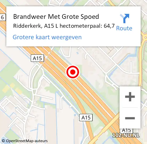 Locatie op kaart van de 112 melding: Brandweer Met Grote Spoed Naar Ridderkerk, A15 L hectometerpaal: 64,7 op 24 oktober 2017 07:50