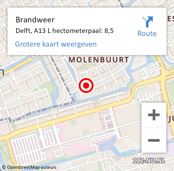 Locatie op kaart van de 112 melding: Brandweer Delft, A13 L hectometerpaal: 8,5 op 24 oktober 2017 08:03
