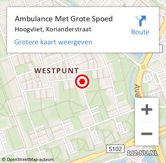Locatie op kaart van de 112 melding: Ambulance Met Grote Spoed Naar Hoogvliet, Korianderstraat op 24 oktober 2017 15:15