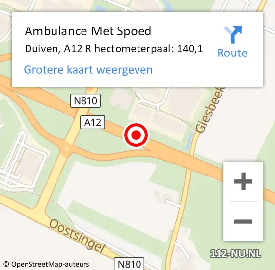 Locatie op kaart van de 112 melding: Ambulance Met Spoed Naar Duiven, A12 R hectometerpaal: 140,1 op 24 oktober 2017 18:36