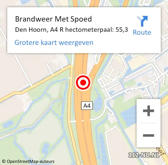 Locatie op kaart van de 112 melding: Brandweer Met Spoed Naar Den Hoorn, A4 R hectometerpaal: 55,3 op 25 oktober 2017 16:47