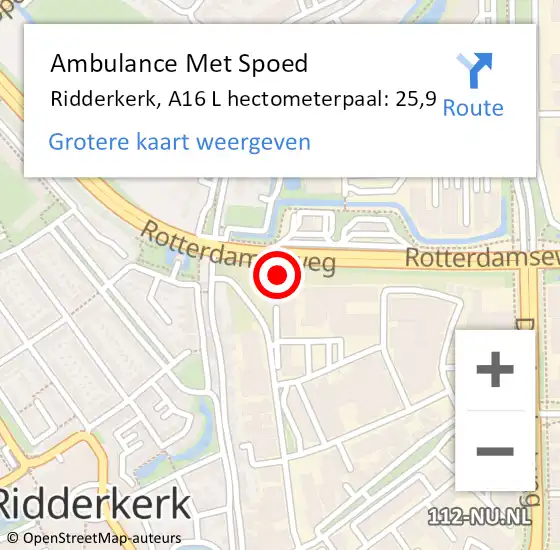 Locatie op kaart van de 112 melding: Ambulance Met Spoed Naar Ridderkerk, A16 L hectometerpaal: 25,9 op 26 oktober 2017 07:58