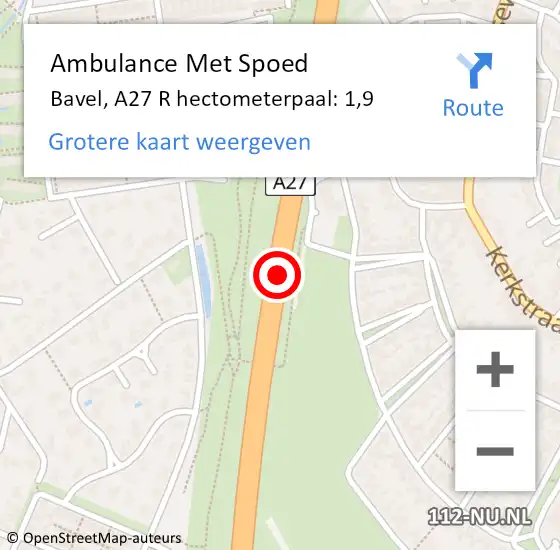 Locatie op kaart van de 112 melding: Ambulance Met Spoed Naar Bavel, A27 R hectometerpaal: 1,9 op 27 oktober 2017 04:23